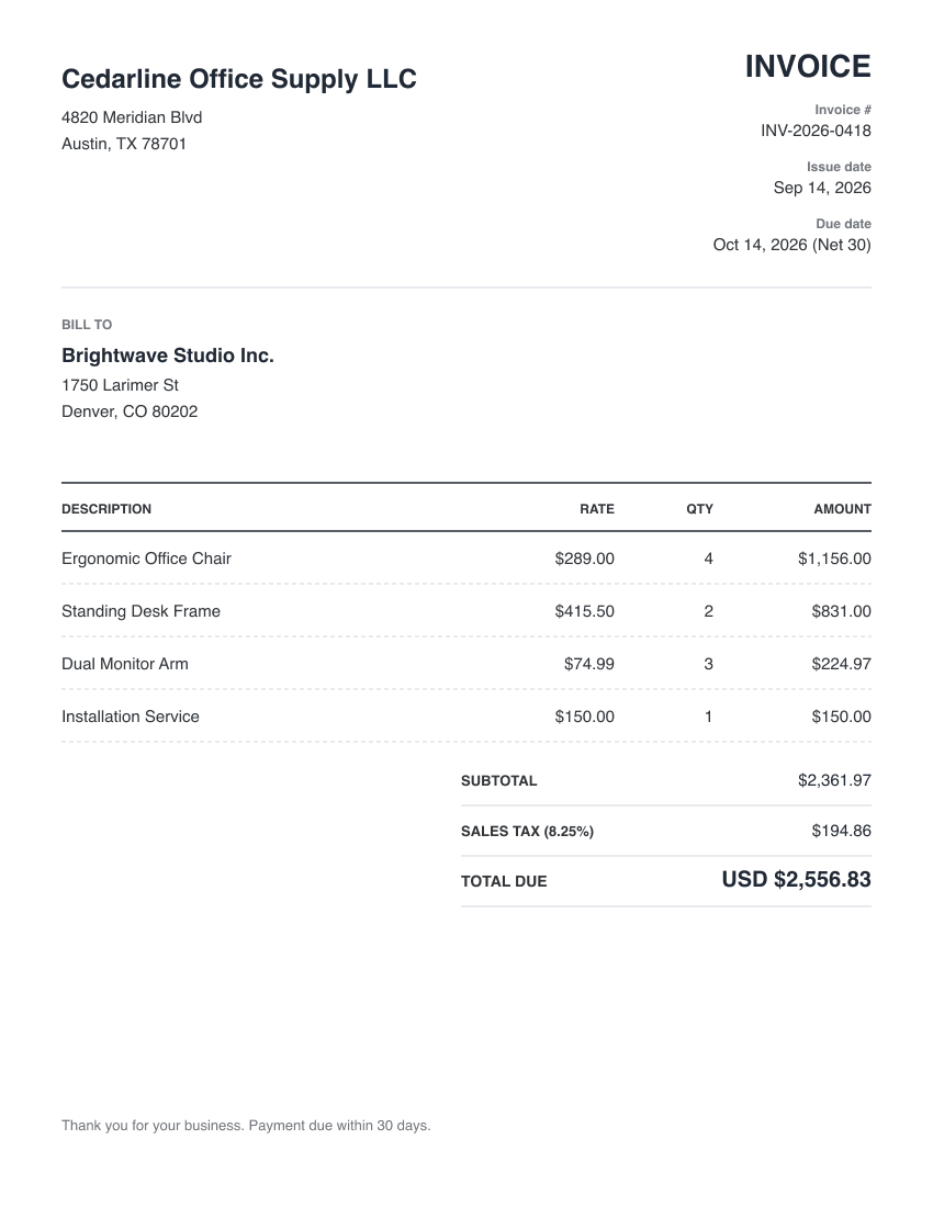 Sample US invoice with sales tax used as the API example